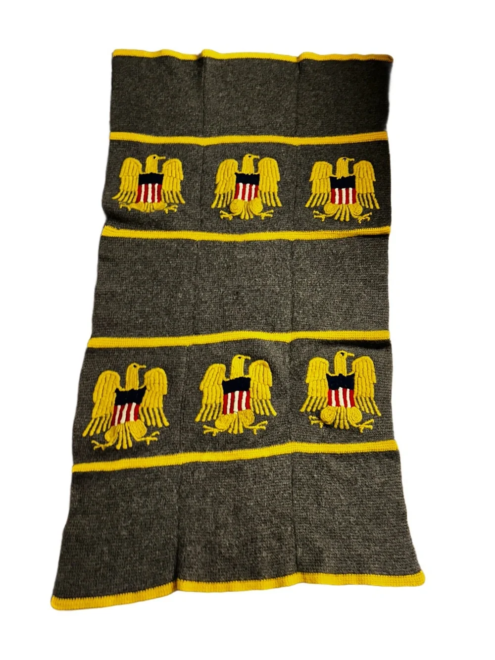 Handmade ~ Vintage ~ Gray ~ Patriotic/ Army Gold Eagle Embroidery ~ Wool Blanket